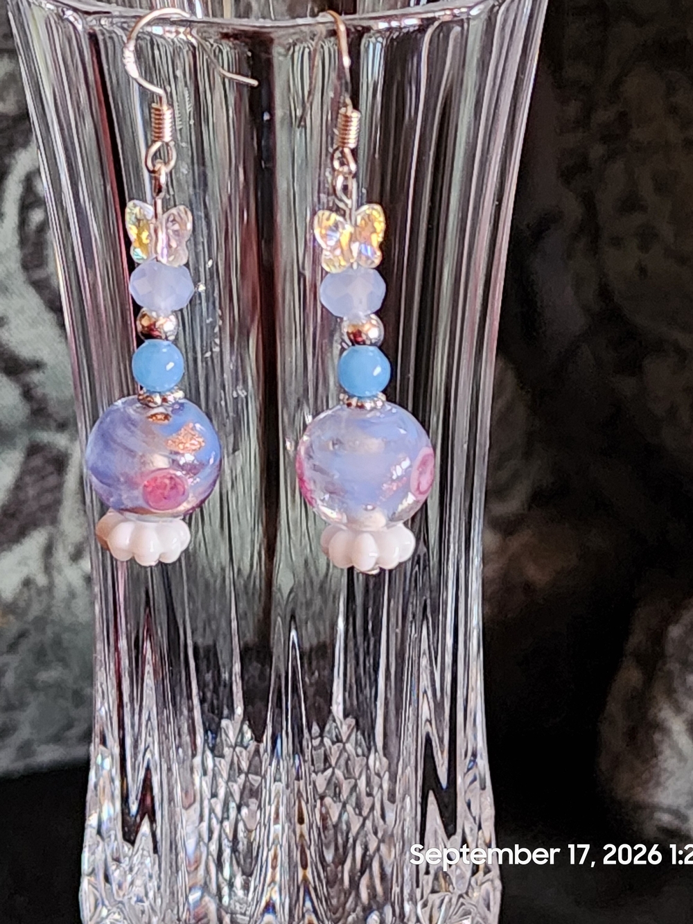 Handmade Lavender Glass and Ceramic and Swarowski Drop Earrings